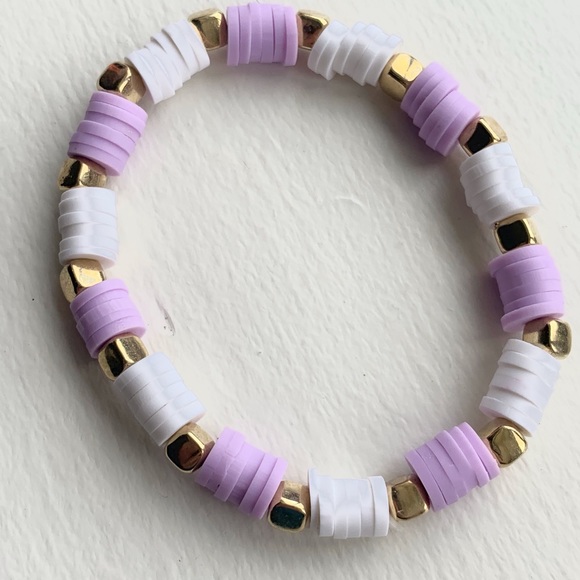 Handmade clay bead purple/white square gold beads stretchy - Picture 2 of 5
